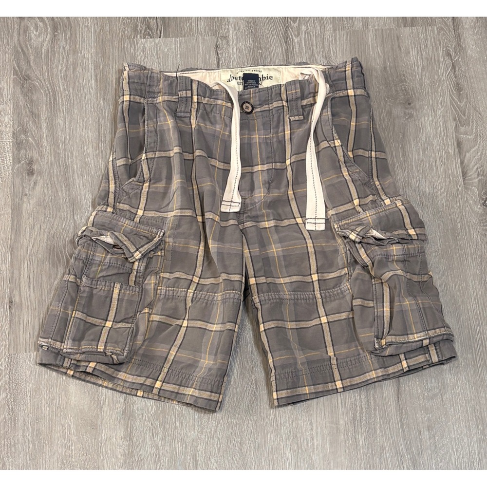 Vintage Abercrombie Kids Grey Yellow Plaid Cargo Shorts Boys Size 12 Drawstring